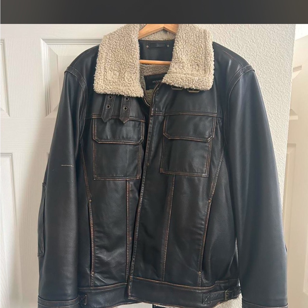 Wilsons Leather Dark Brown Leather Bomber Jacket with Cream Sherpa Collar